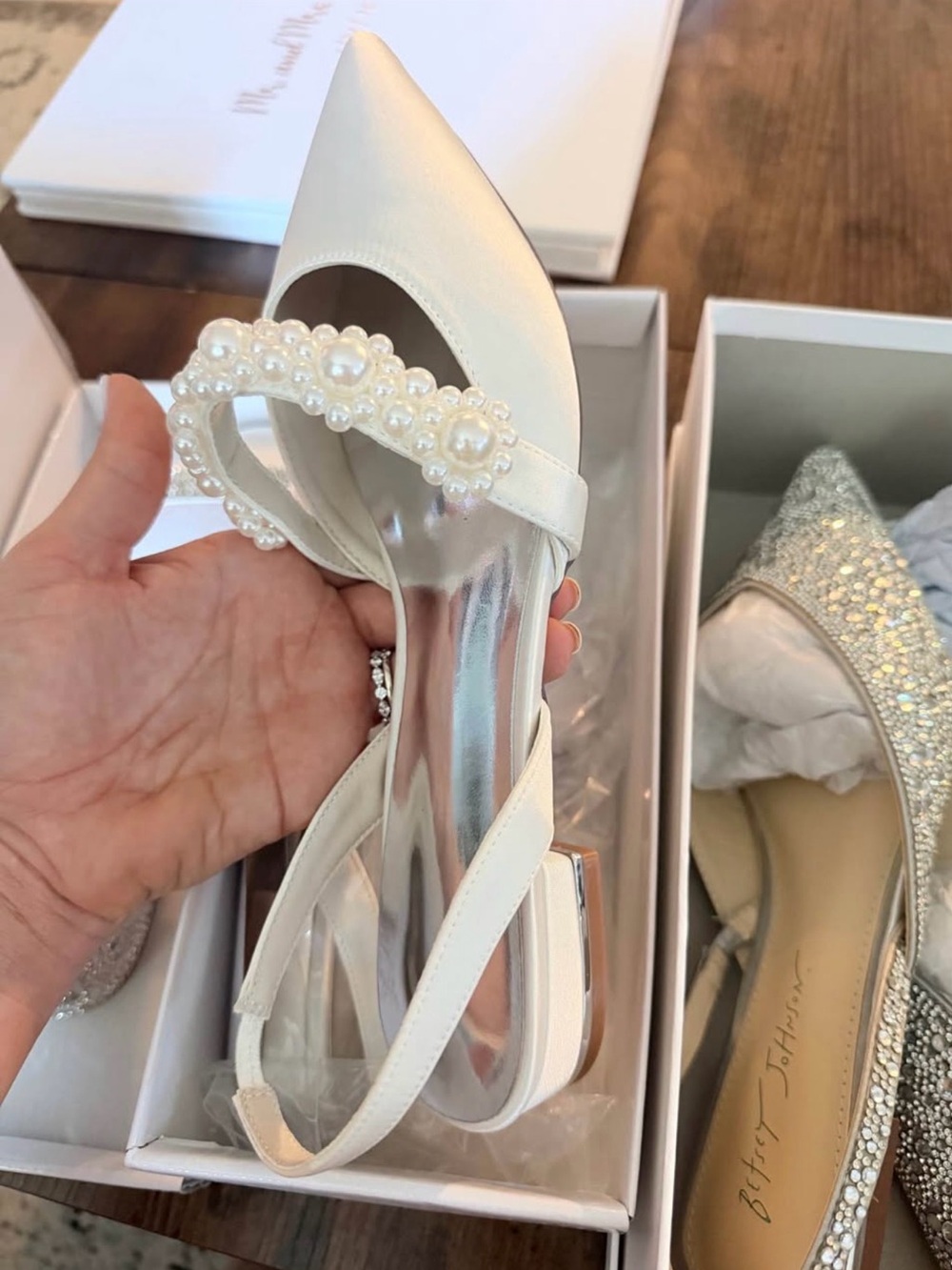 Amazon Ivory Pearl-Embellished Satin Pointed Slingback Heels